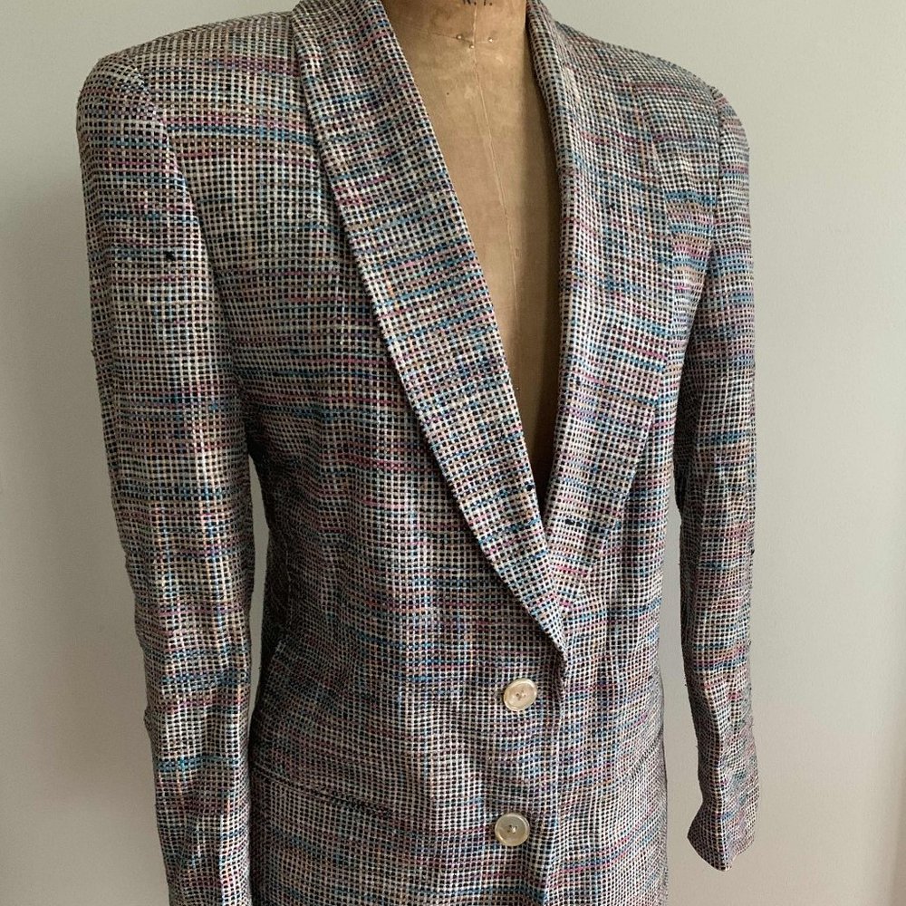 Vintage 80s raw silk blazer jacket multicolor 6 S - Picture 10 of 13